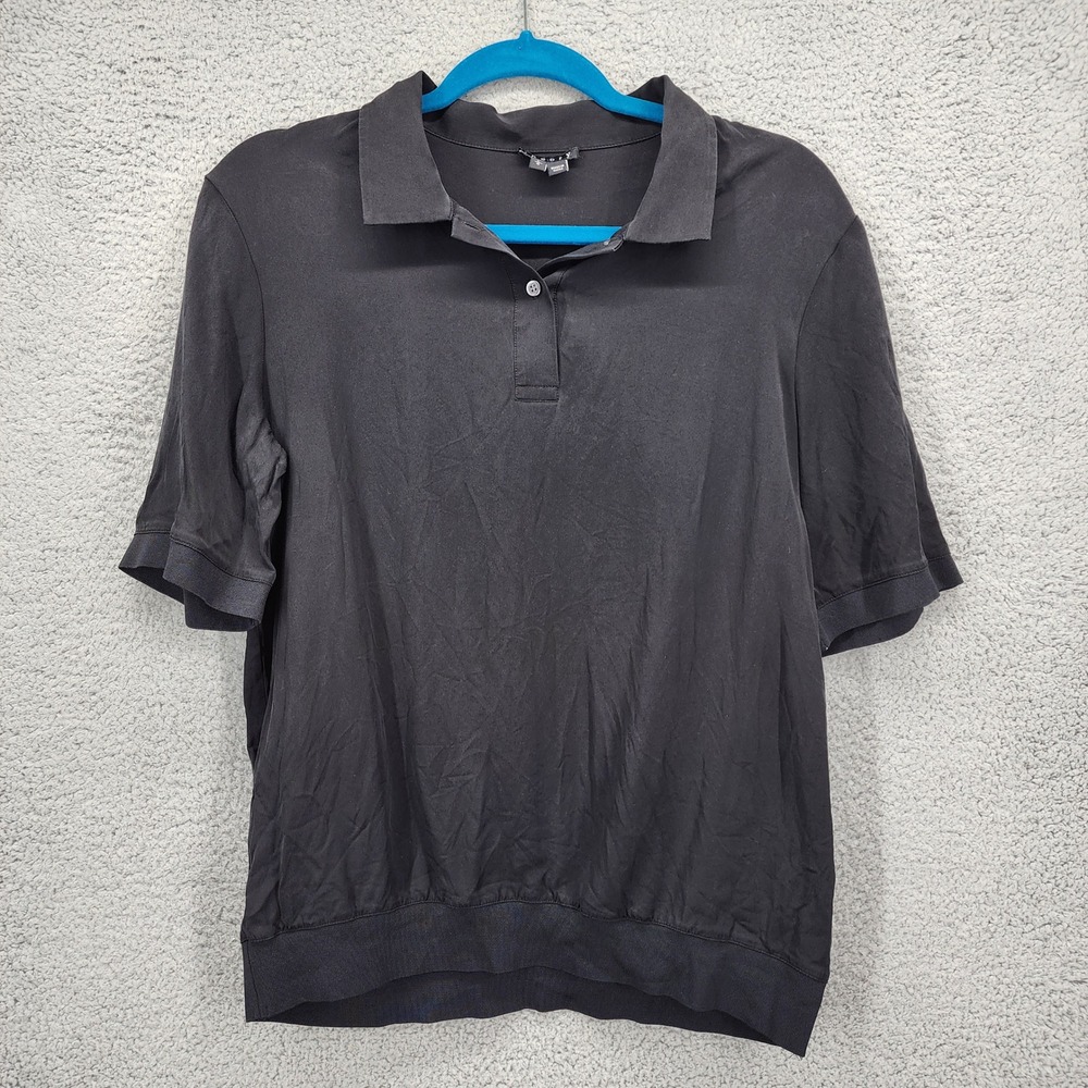 Theory Curza Black 100% Silk Polo Shirt Short‎ Sleeve Womens Large